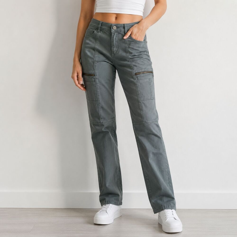 UNIONBAY Women's Cargo Pants Size 13 Gray Green Stretch Utility Y2K Straight Leg